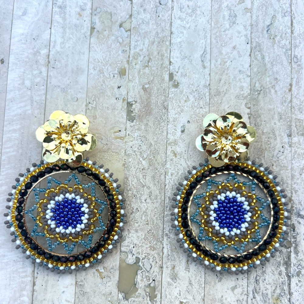 Handmade Colombian blue flower beaded Statement Earrings - Light Weight!